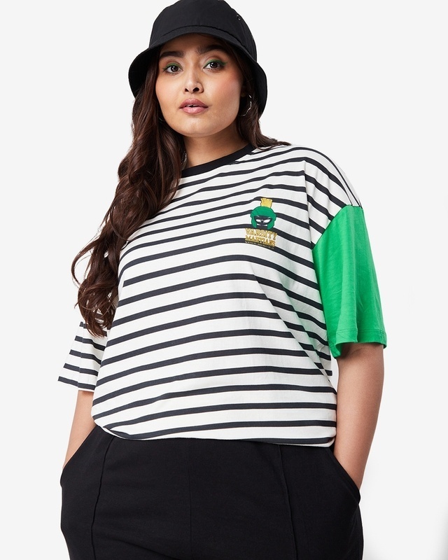Shop Women's White Varsity Stripe Plus Size Oversized T-shirt-Front