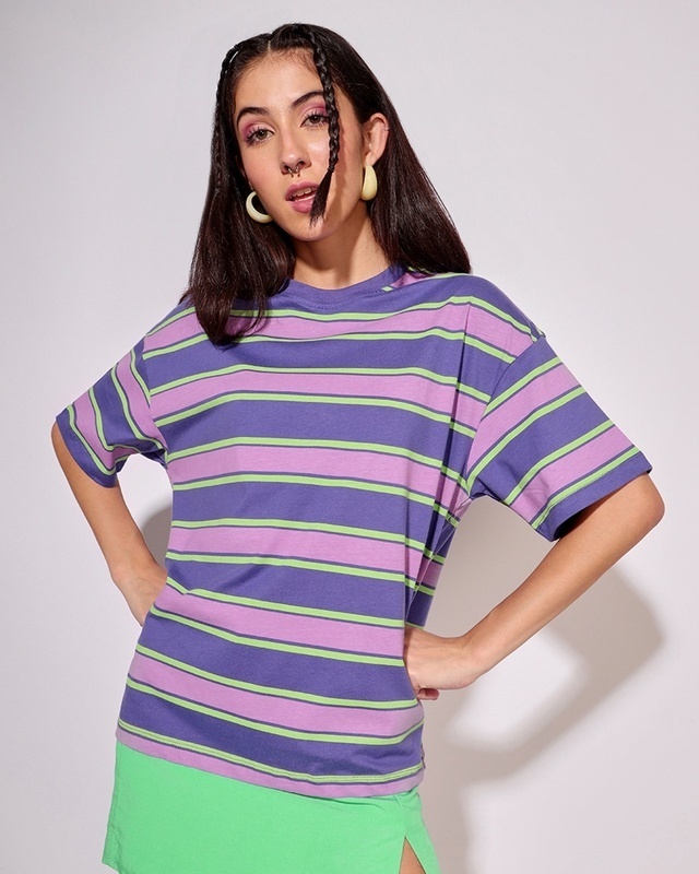 Shop Women's Very Peri Stripe Oversized T-shirt-Front