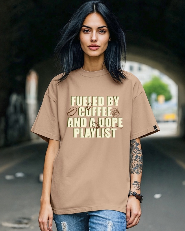 Shop Women's Warm Taupe Brown Coffee And Playlist Typography Oversized T-shirt-Front