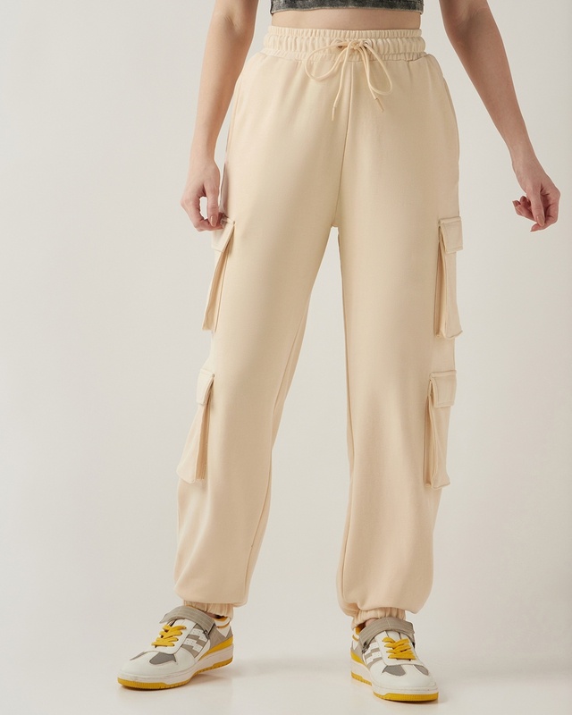 Shop Women's Beige Super Loose Fit Cargo Joggers-Front