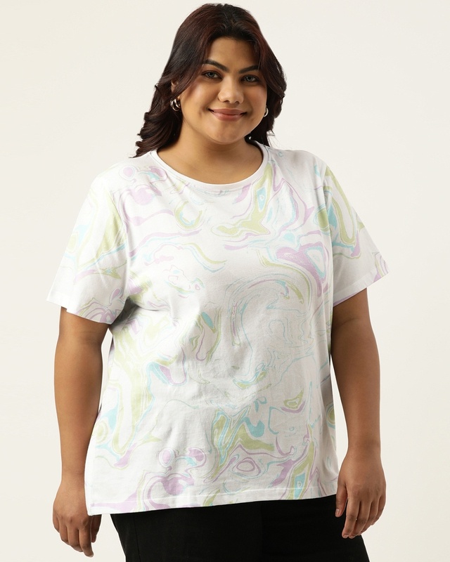 Women's White Abstract Printed Plus Size T-shirt