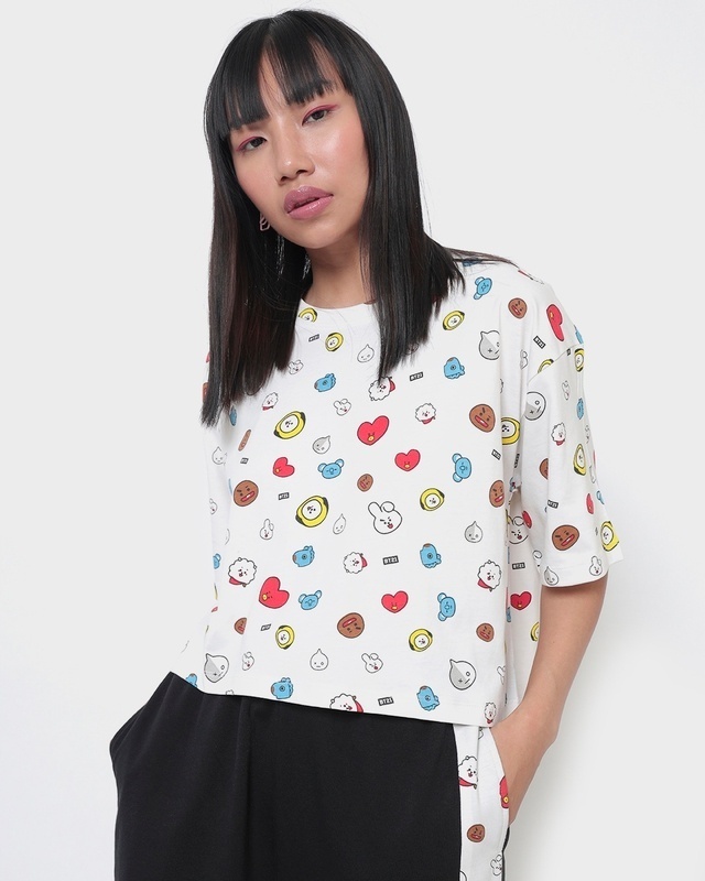 Shop Women's White All Over BTS Doodle Printed Oversized Fit Cropped T-shirt-Front
