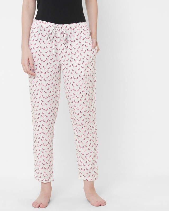 Shop Women's White All Over Flamingo Printed Lounge Pants-Front