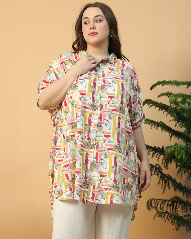 Shop Women's White All Over Printed Boxy Fit Plus Size Tunic Shirt-Front