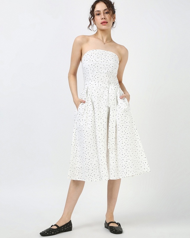 Shop Women's White All Over Dots Printed Flared Midi Dress-Front