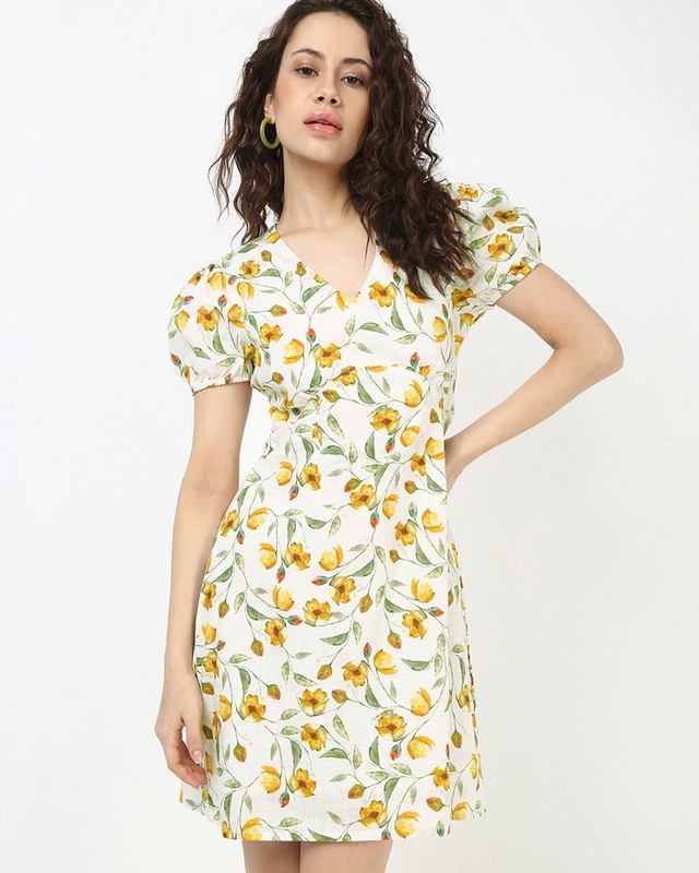 Shop Women's White All Over Floral Printed Mini Dress-Front