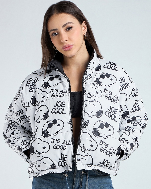 Shop Women's White & Black All Over Printed Oversized Reversible Zipper Crop Puffer Jacket-Front