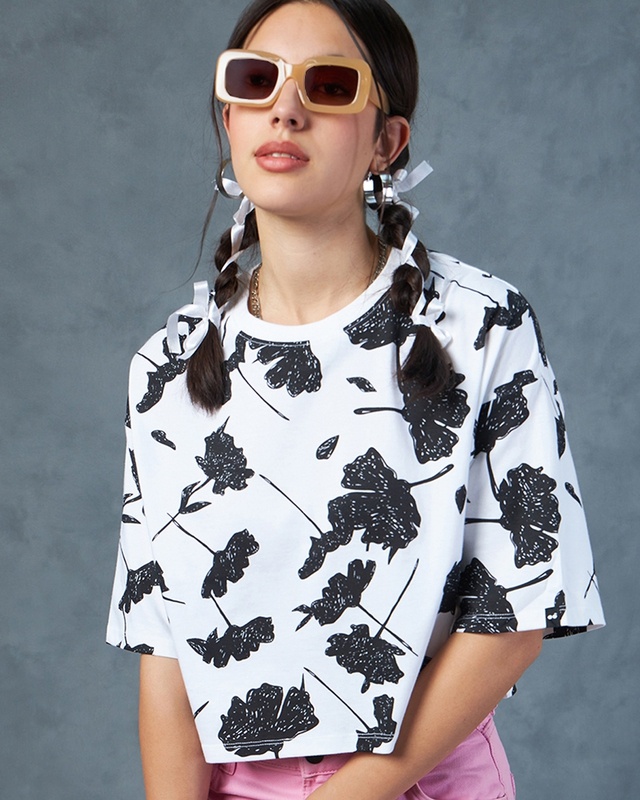 Shop Women's White All Over Printed Oversized Short Top-Front