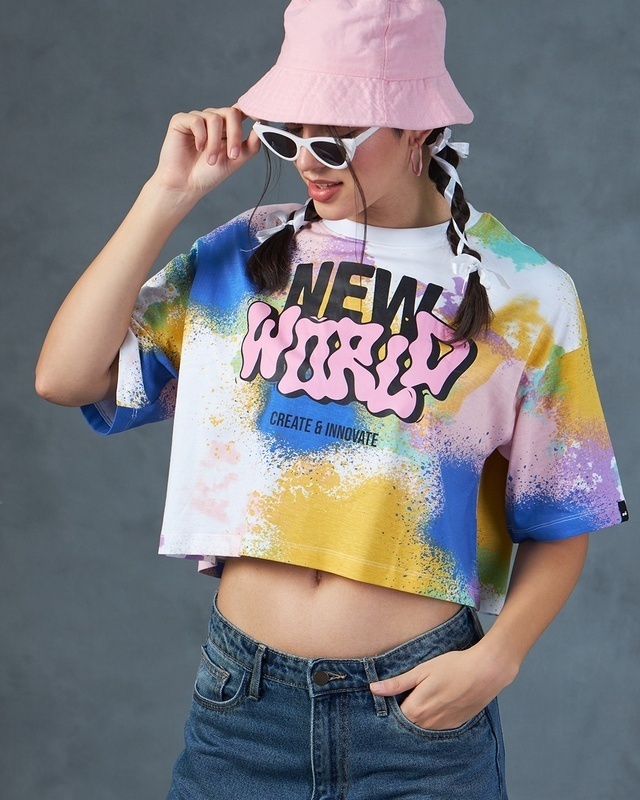 Shop Women's White & Yellow New World All Over Printed Oversized Crop T-shirt-Front