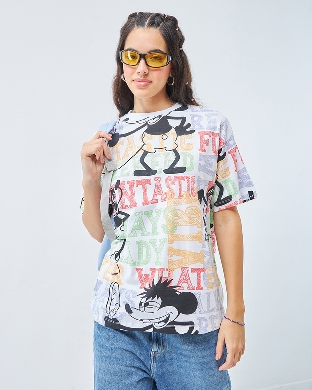 Shop Women's White All Over Printed Oversized T-Shirt-Front