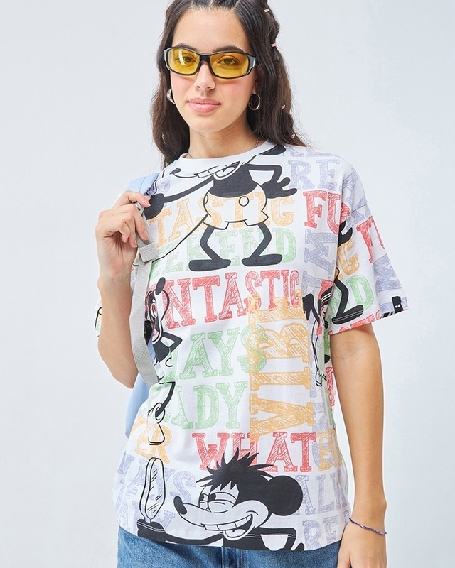 Shop Women's White All Over Printed Oversized T-Shirt-Front
