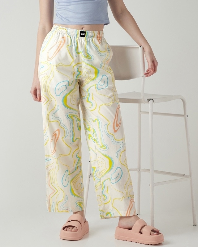 Shop Women's Off White All Over Printed Wide Leg Pyjamas-Front