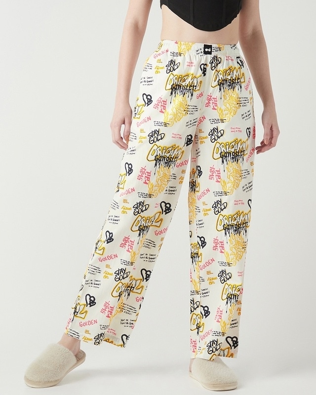 Shop Women's White All Over Printed Wide Leg Pyjamas-Front