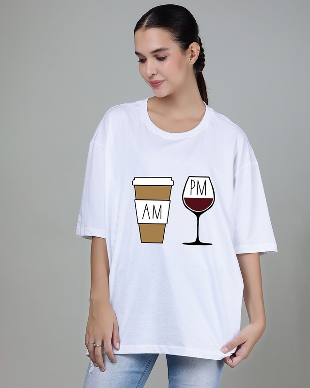 Shop Women's White AM/PM Graphic Printed Oversized T-shirt-Front
