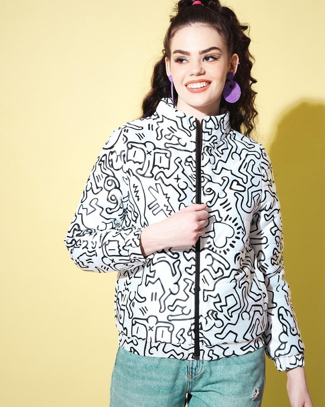 Shop Women's White and Black Doodle Graphic Printed Jacket-Front