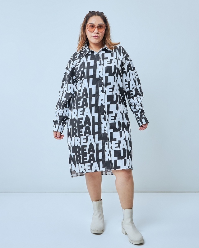 Shop Women's Black & White All Over Printed Oversized Plus Size Shirt Dress-Front