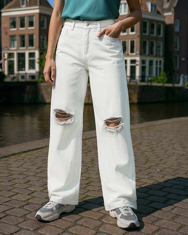 Shop Women's White Baggy Straight Fit Distressed Jeans-Front