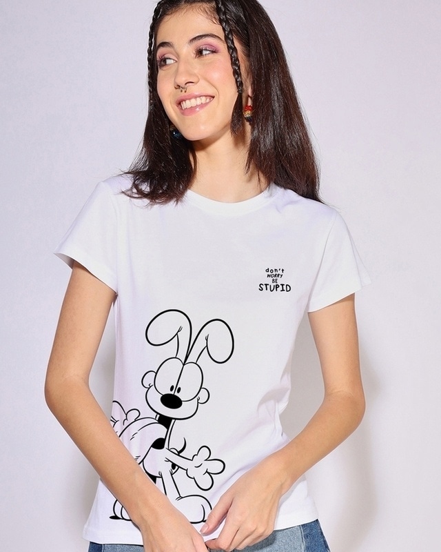 Shop Women's White Be Stupid Odie Graphic Printed T-shirt-Front