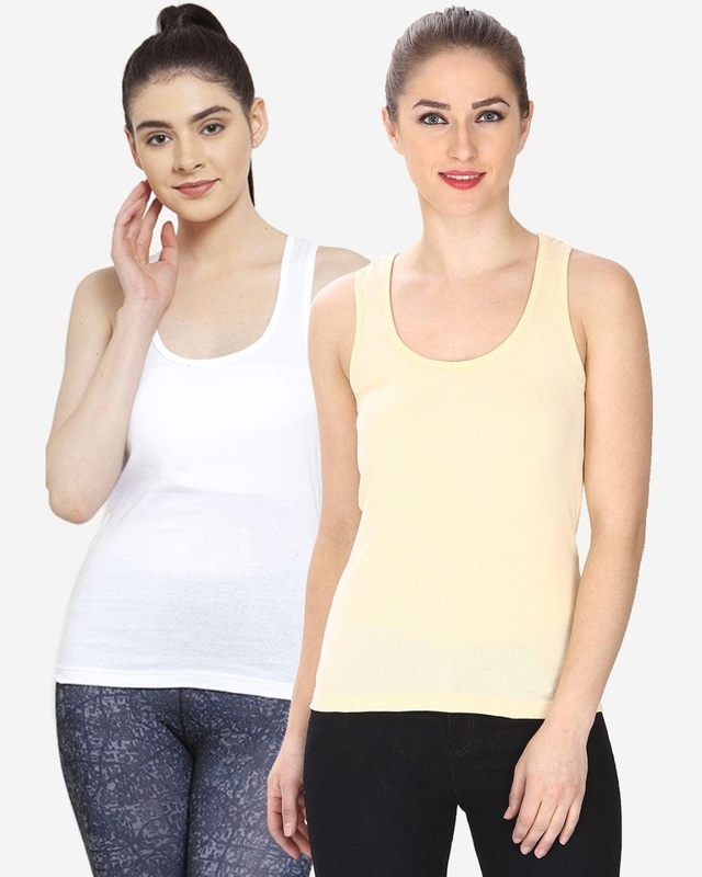 Shop Women's White & Beige Tank Tops (Pack Of 2)-Front