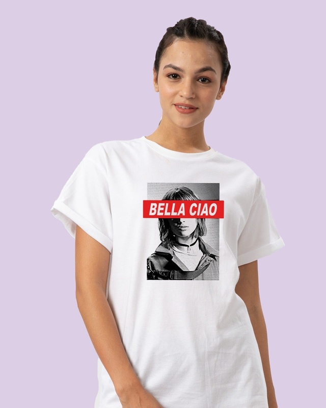 Shop Women's White Bella Ciao Graphic Printed Boyfriend T-shirt-Front