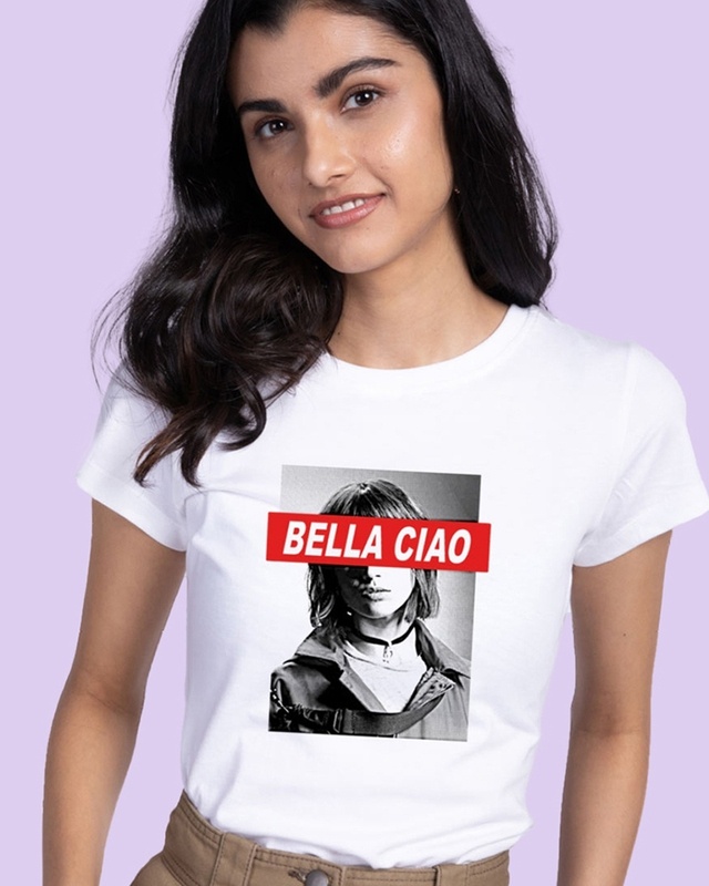 Shop Women's White Bella Ciao Graphic Printed Slim Fit T-shirt-Front