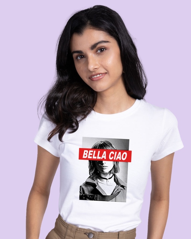 Shop Women's White Bella Ciao Graphic Printed Slim Fit T-shirt-Front