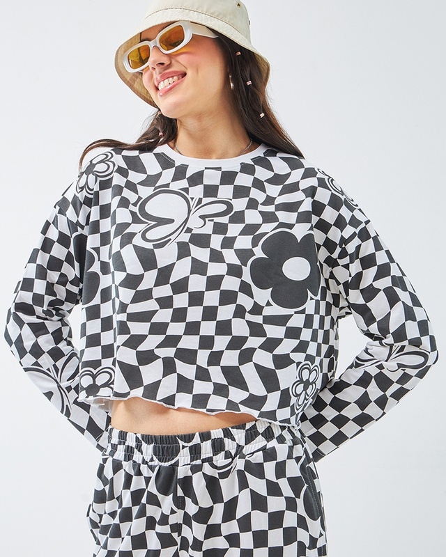 Women's White & Black All Over Printed Oversized Crop Top