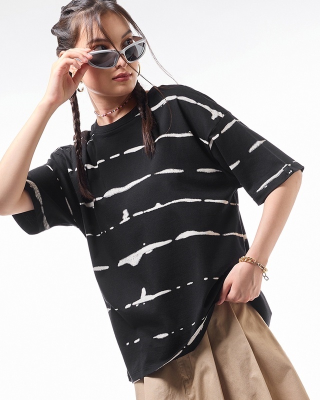 Shop Women's Black & White All Over Printed Oversized T-shirt-Front