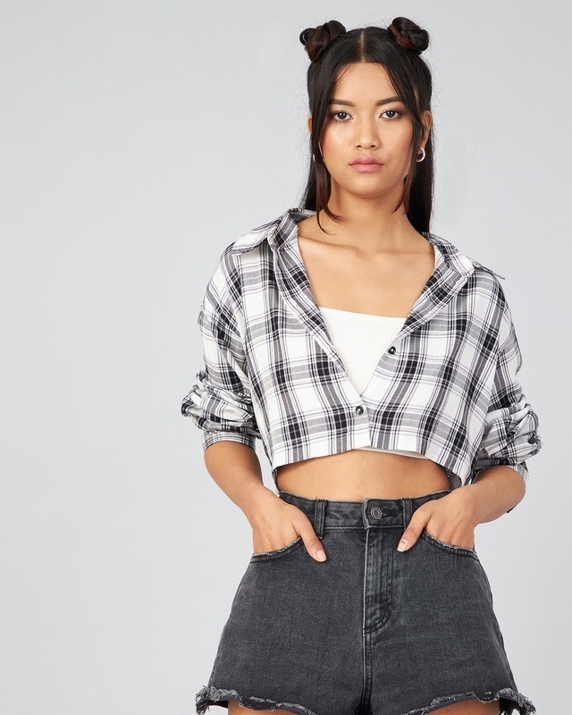 Shop Women's White & Black Checked Boxy Fit Crop Shirt-Front