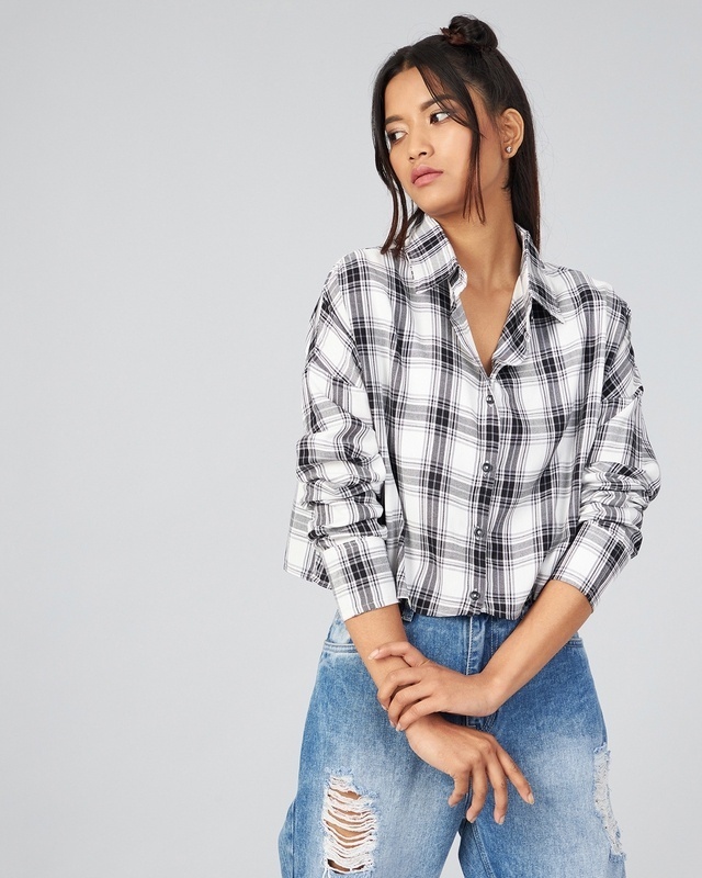 Shop Women's White & Black Checked Boxy Fit Crop Shirt-Front