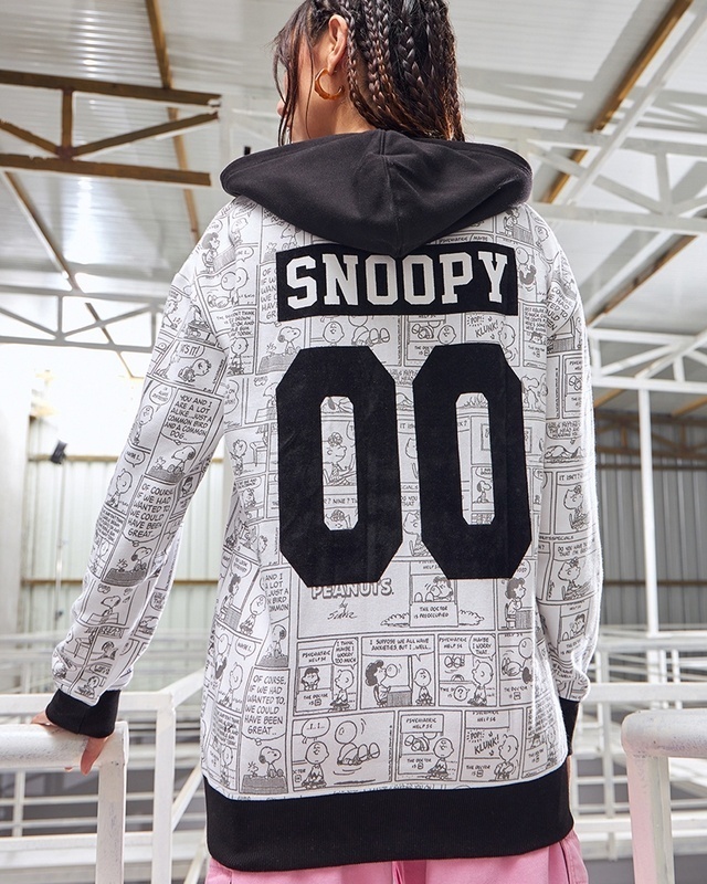 Shop Women's White & Black Snoopy Comic Graphic Printed Oversized Hoodies-Front