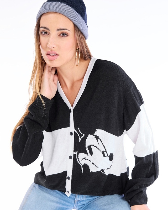 Shop Women's White & Black Mickey Color Block Oversized Sweater-Front