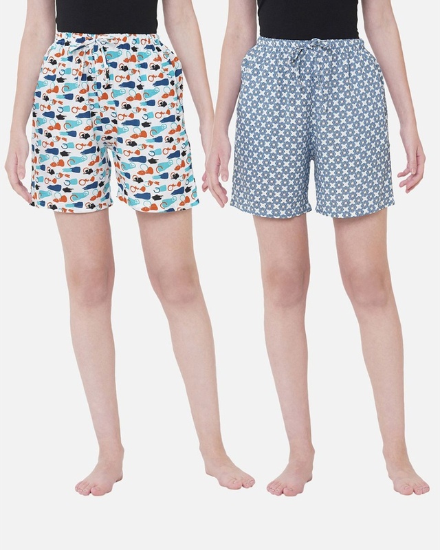 Shop Pack of 2 Women's White & Blue All Over Printed Lounge Shorts-Front