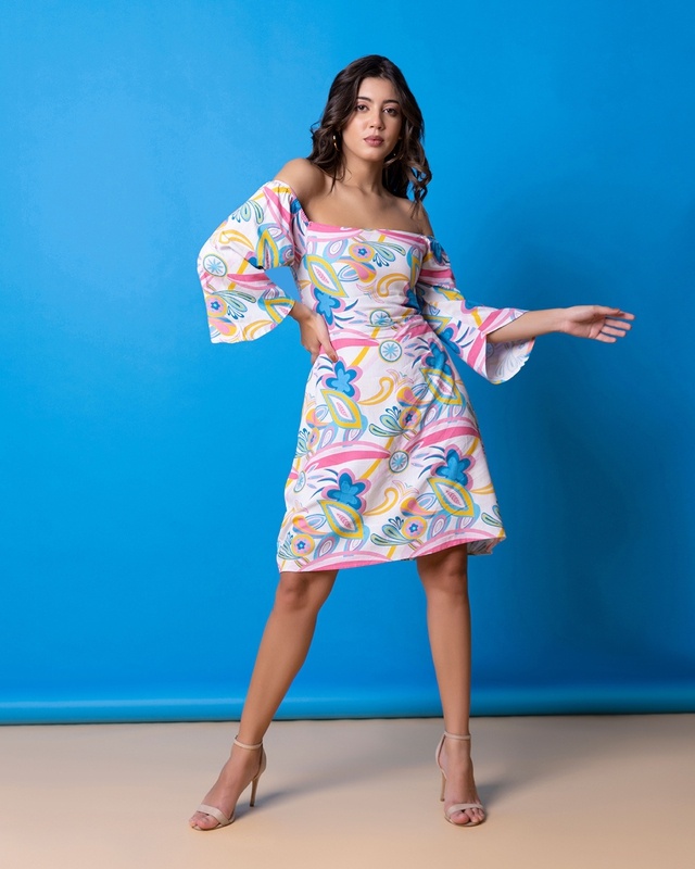 Shop Women's White & Blue Floral Printed Mini Dress-Front