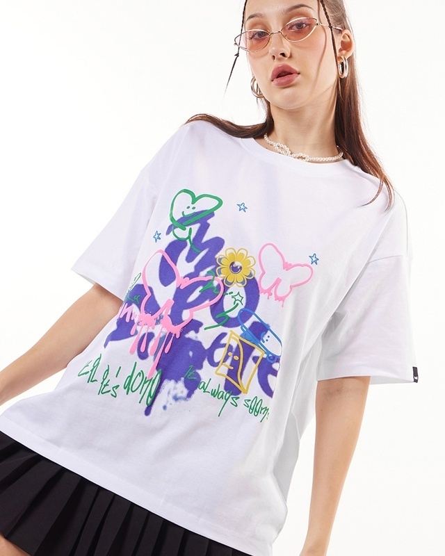 Shop Women's White Butterflies Colorful Graphic Printed Oversized T-shirt-Front