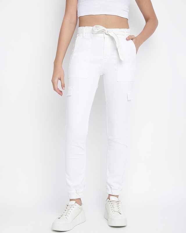 Shop Women's White Cargo Jogger Jeans-Front