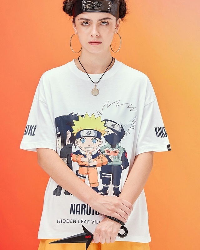 Shop Women's White Chibi Naruto Graphic Printed Oversized T-shirt-Front