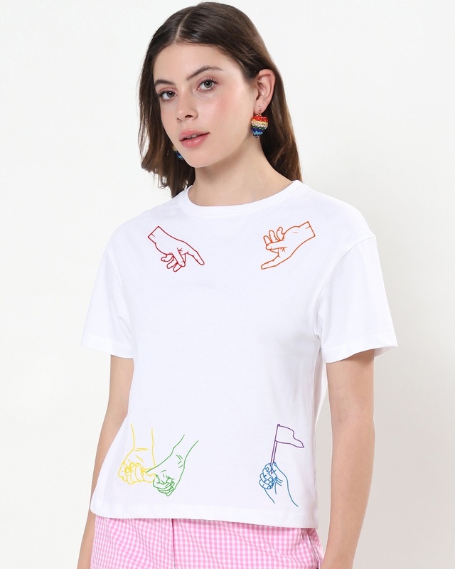Shop Women's White Color Hands Sign Relaxed Fit Short Top-Front