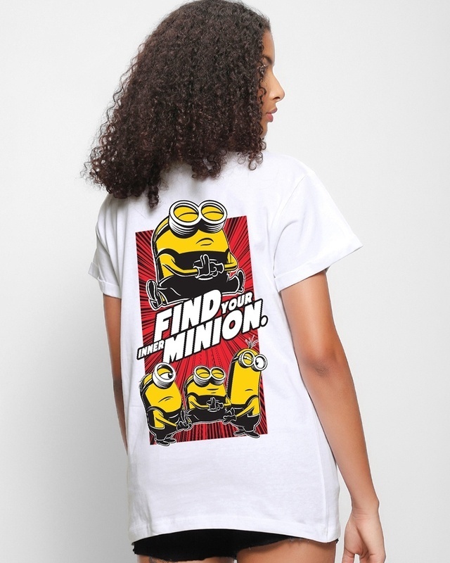 Shop Women's White Find Your Inner Minion Graphic Printed Boyfriend T-shirt-Front