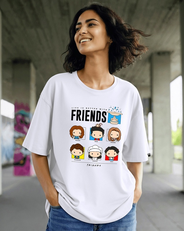 Shop Women's White Friends Life Graphic Printed Oversized T-shirt-Front