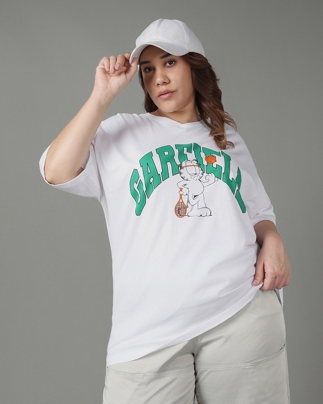 Shop Women's White Garfield Graphic Printed Oversized Plus Size T-shirt-Front