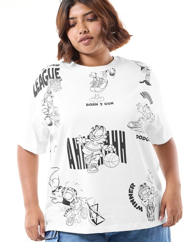 Shop Women's White Garfield League Graphic Printed Oversized Plus Size T-shirt-Front