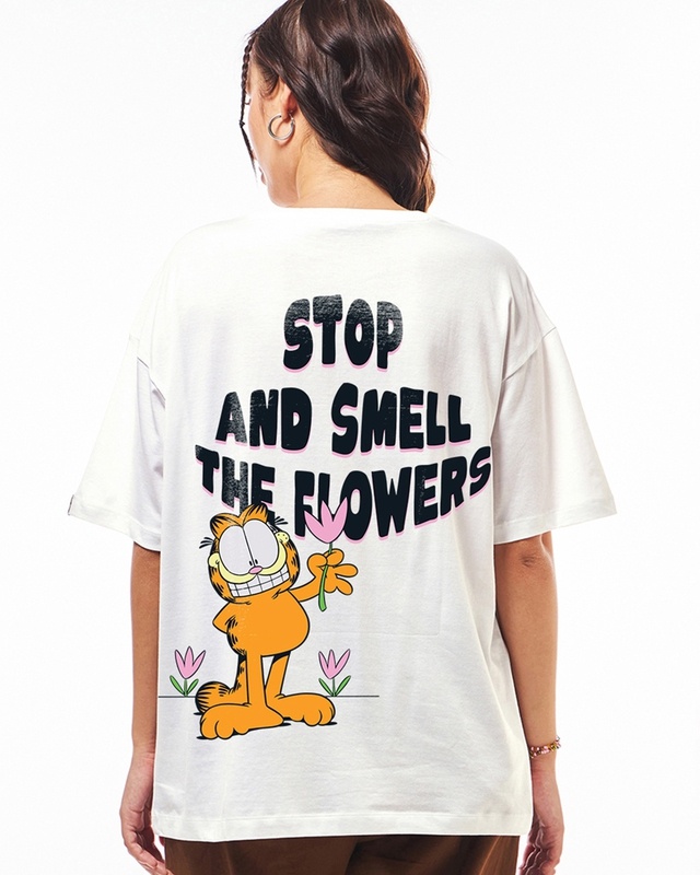 Shop Women's White Garfields Flowers Graphic Printed Oversized T-shirt-Front