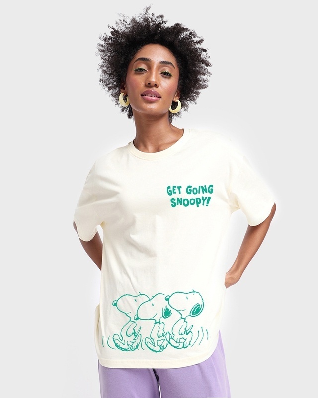 Shop Women's White Get going Snoopy Graphic Printed Oversized T-shirt-Front