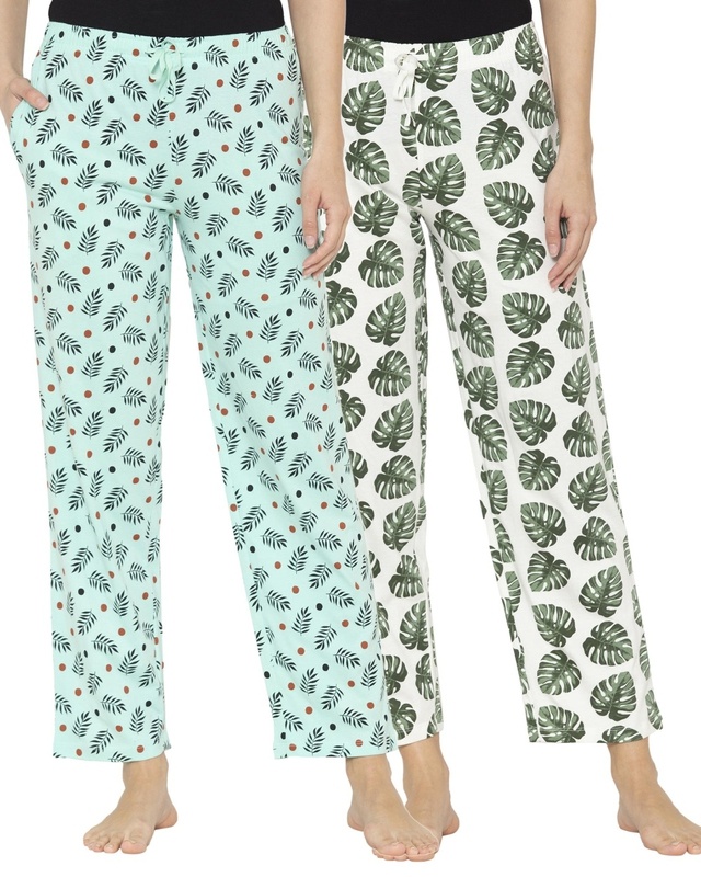 Shop Women's White & Green Printed Pyjamas (Pack of 2)-Front