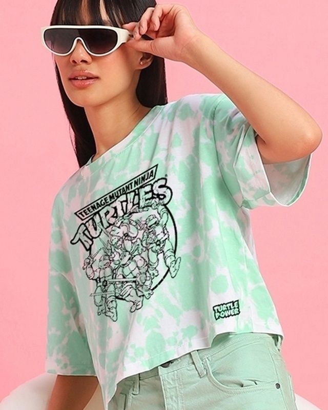 Shop Women's White & Green Turtles Squad Graphic Printed Oversized Short Top-Front