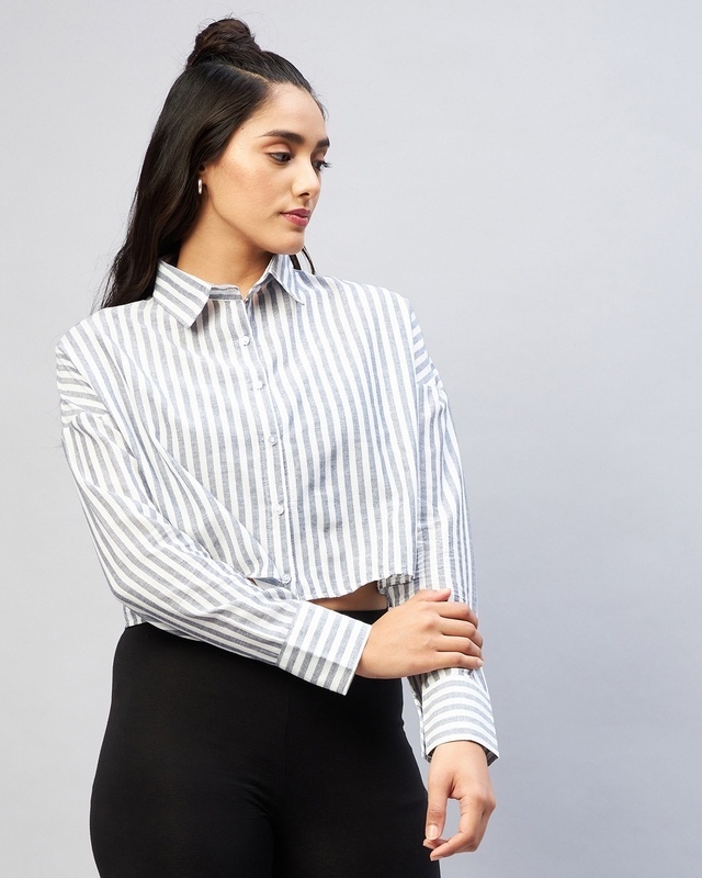 Shop Women's White & Grey Striped Oversized Crop Shirt-Front
