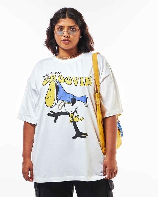 Shop Women's White Groovin Graphic Printed Oversized Plus Size T-shirt-Front