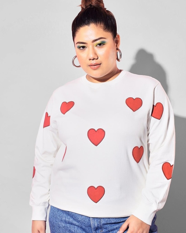 Shop Women's White Hearts Embroidered Plus Size Sweatshirt-Front