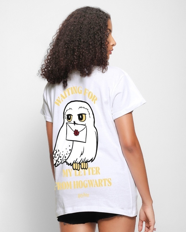 Shop Women's White Hogwarts Letter Graphic Printed Boyfriend T-shirt-Front